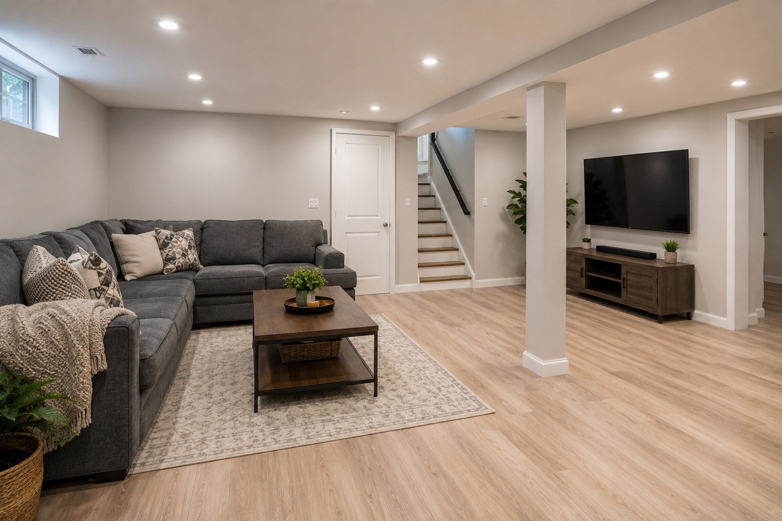 Finished basement family room with new flooring and recessed lighting