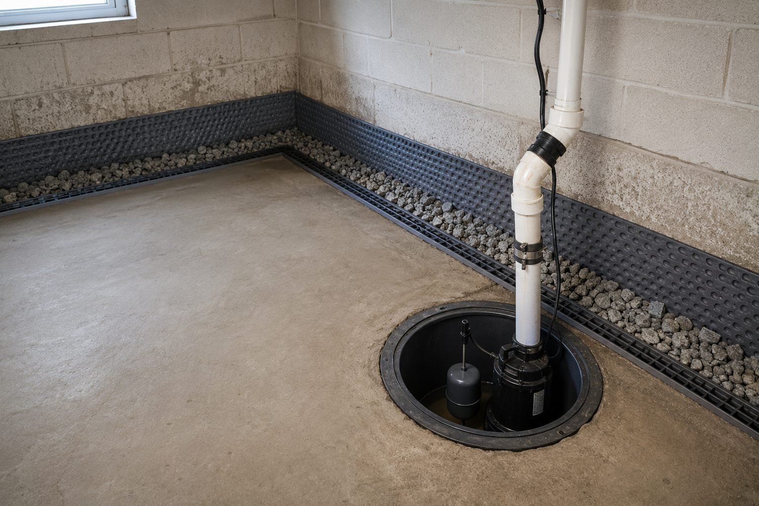 Interior French drain and sump pump installed for basement waterproofing