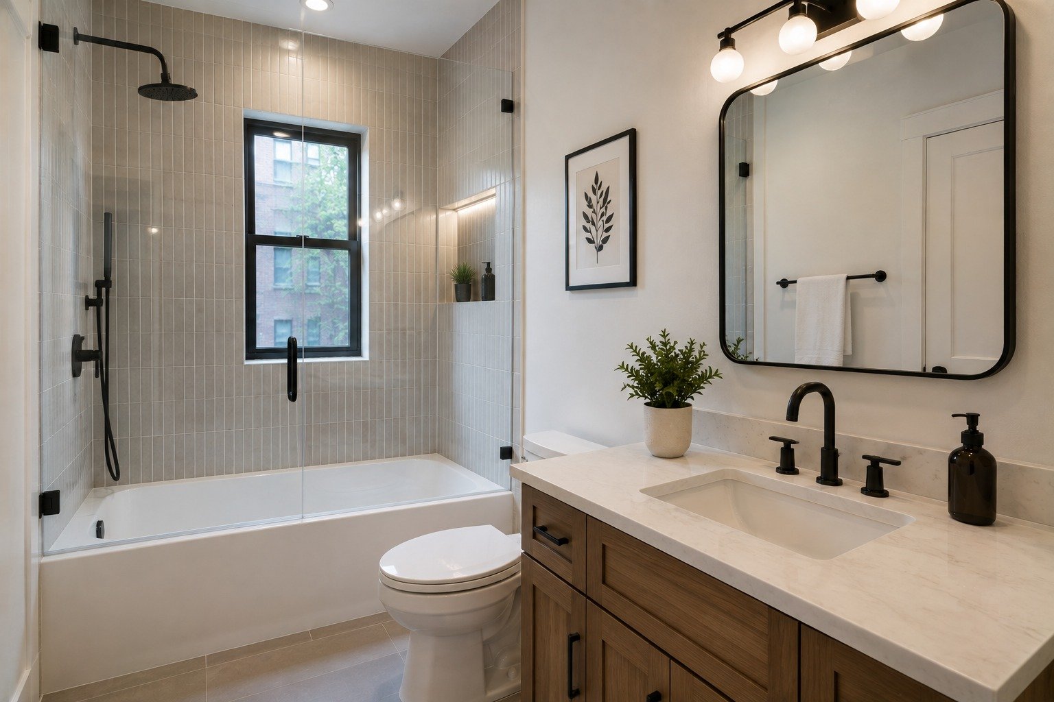 Updated bathroom with new fixtures, lighting and mirror