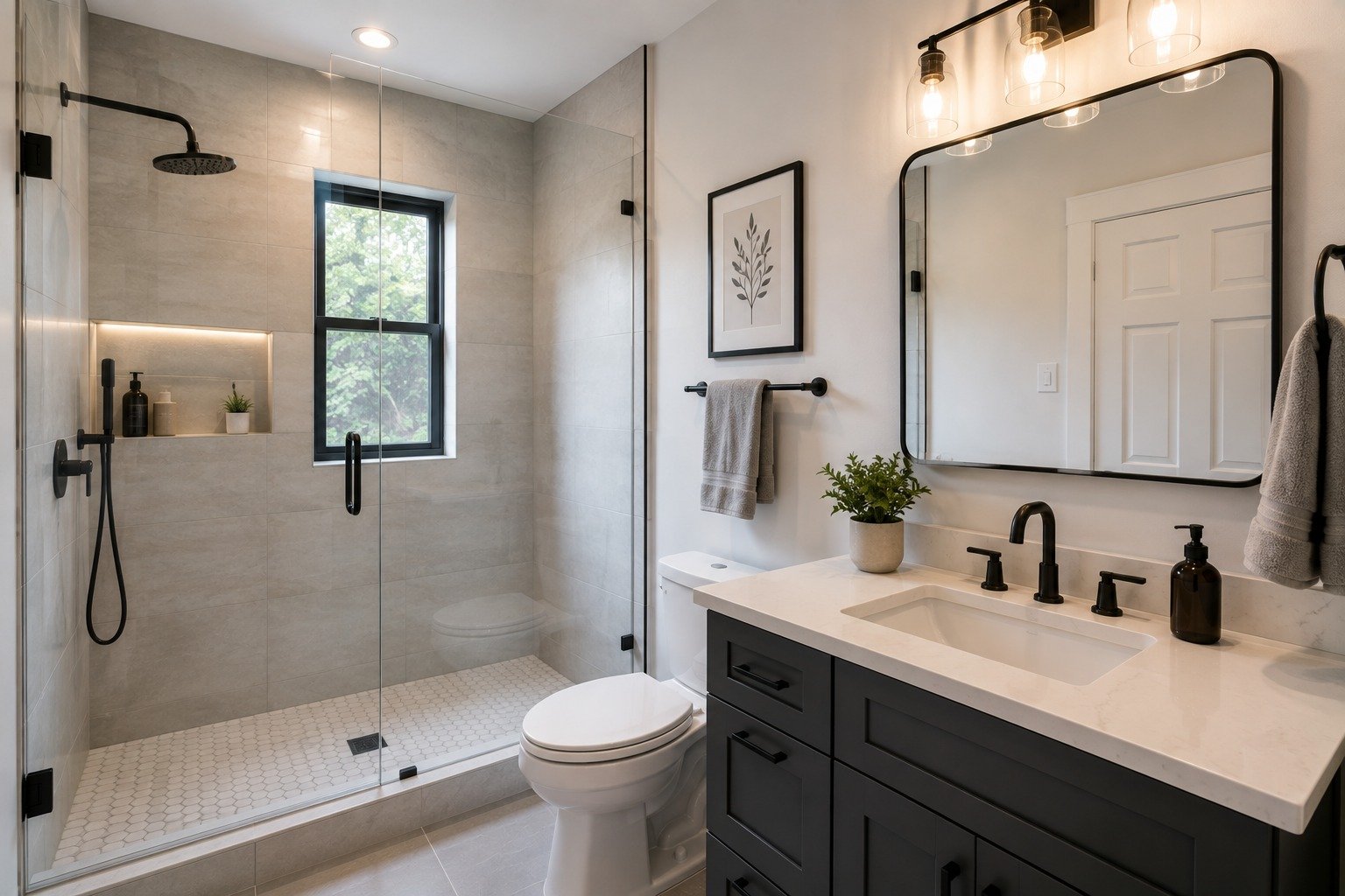 Fully remodeled bathroom with a tiled shower and new vanity