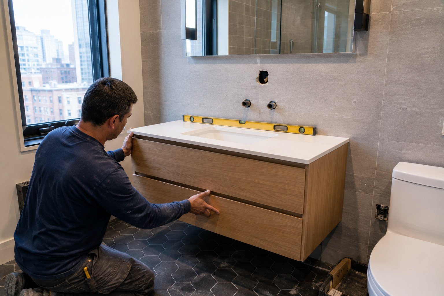 Floating vanity being installed and leveled in a Manhattan bathroom