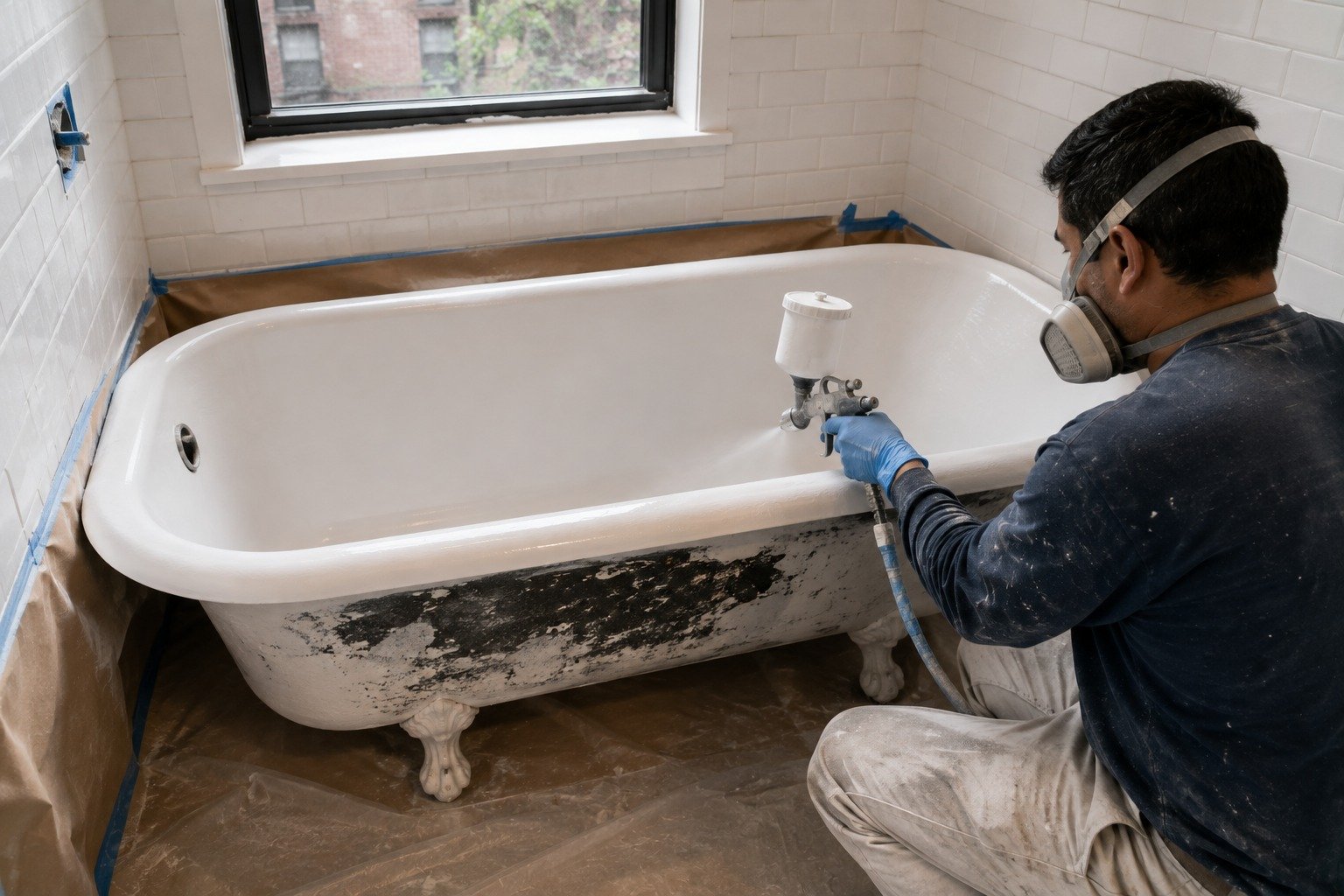 Cast iron bathtub being refinished to a smooth white surface