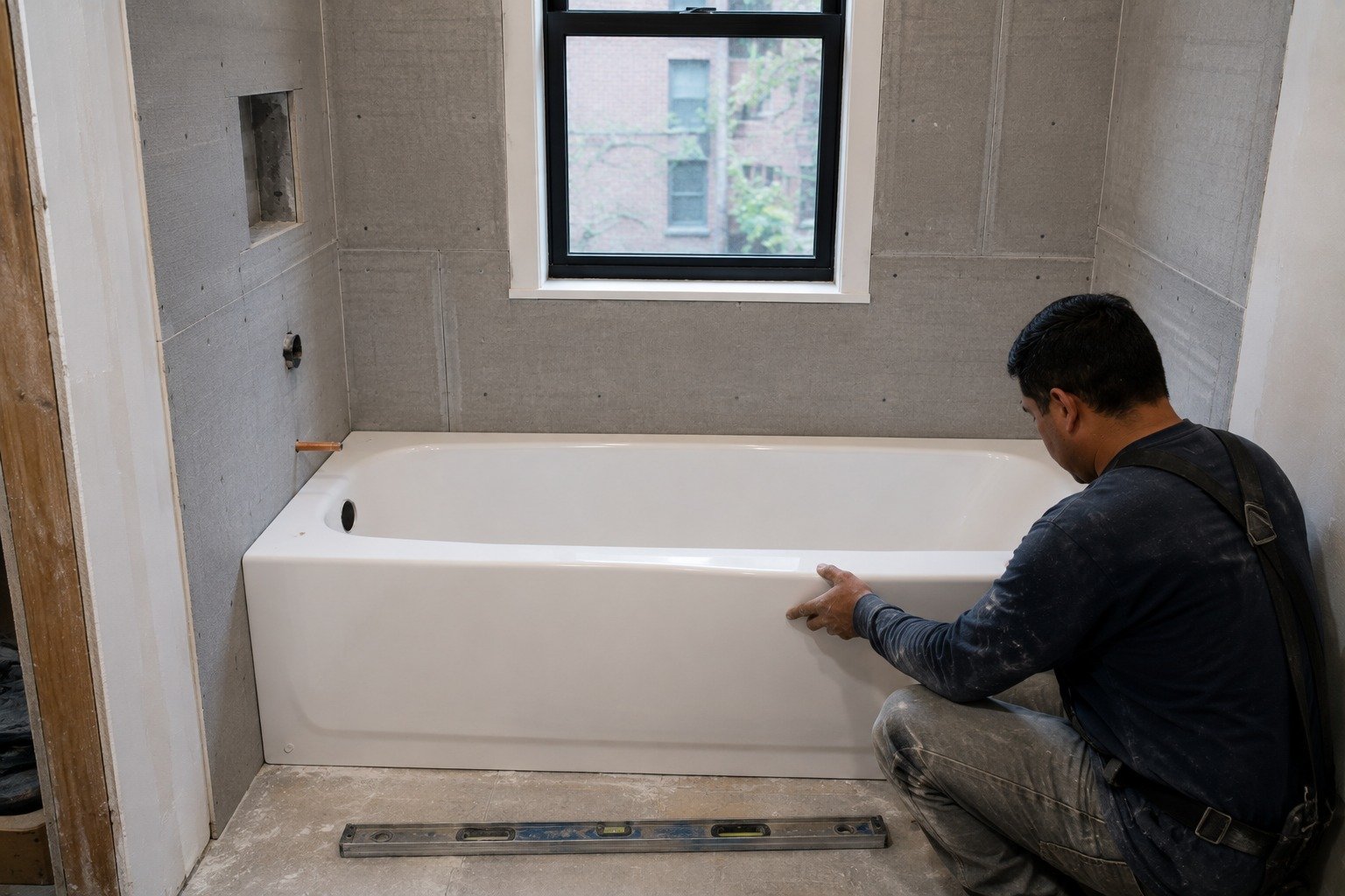 New alcove bathtub set during a bathroom replacement project