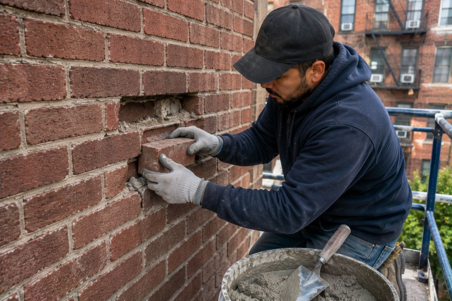 Spalled brick being replaced and color matched on a building wall