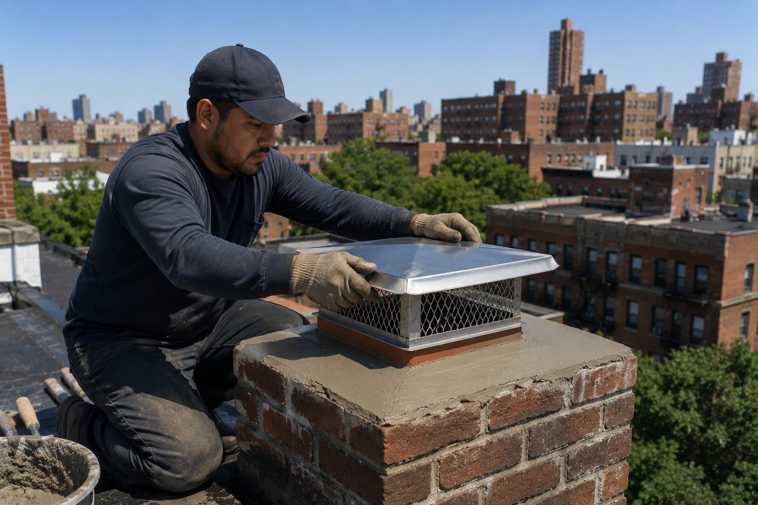 Chimney crown repair and rain cap installation on a Bronx rooftop