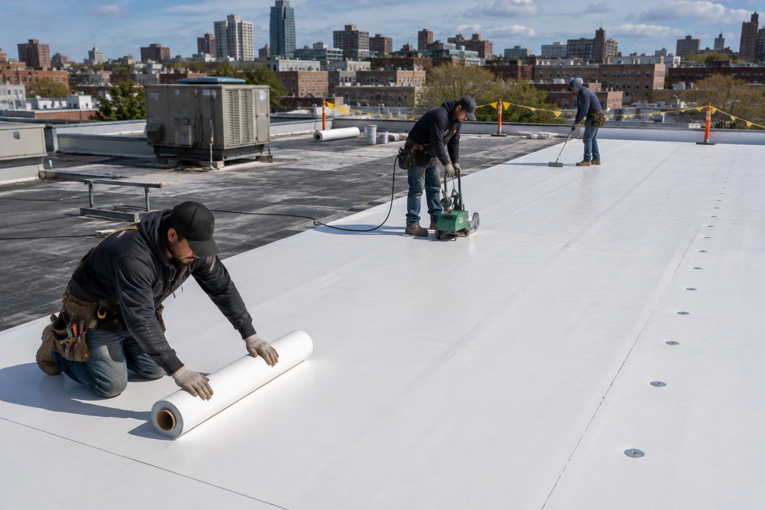 TPO membrane commercial roofing installation on a mixed-use building