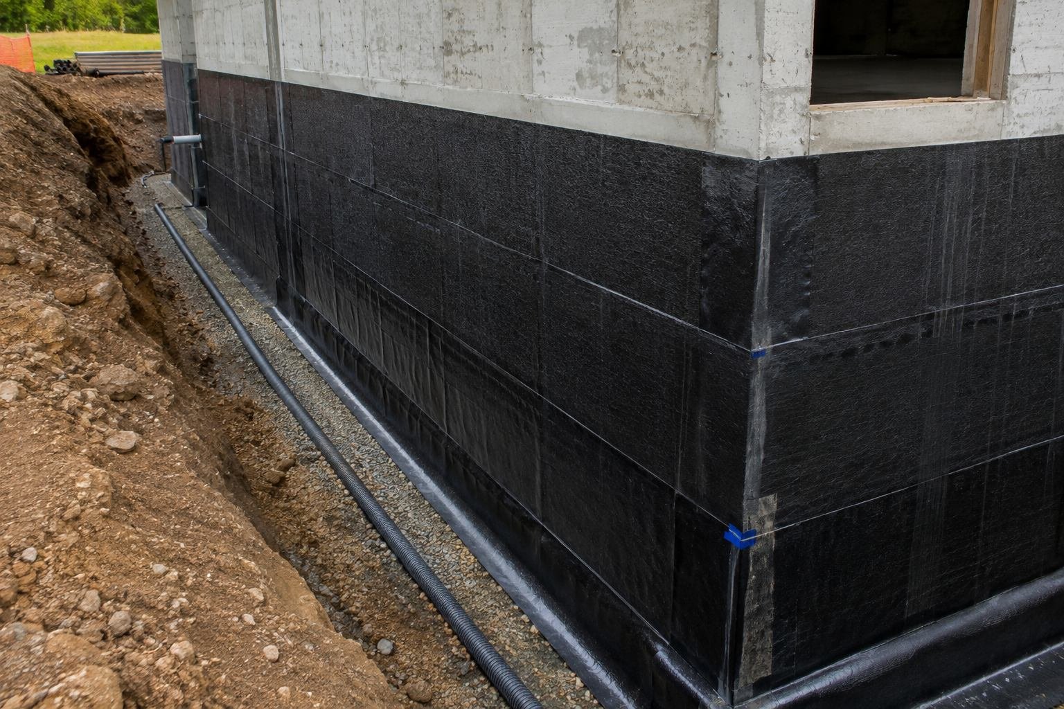 Below-grade waterproofing membrane on a commercial building