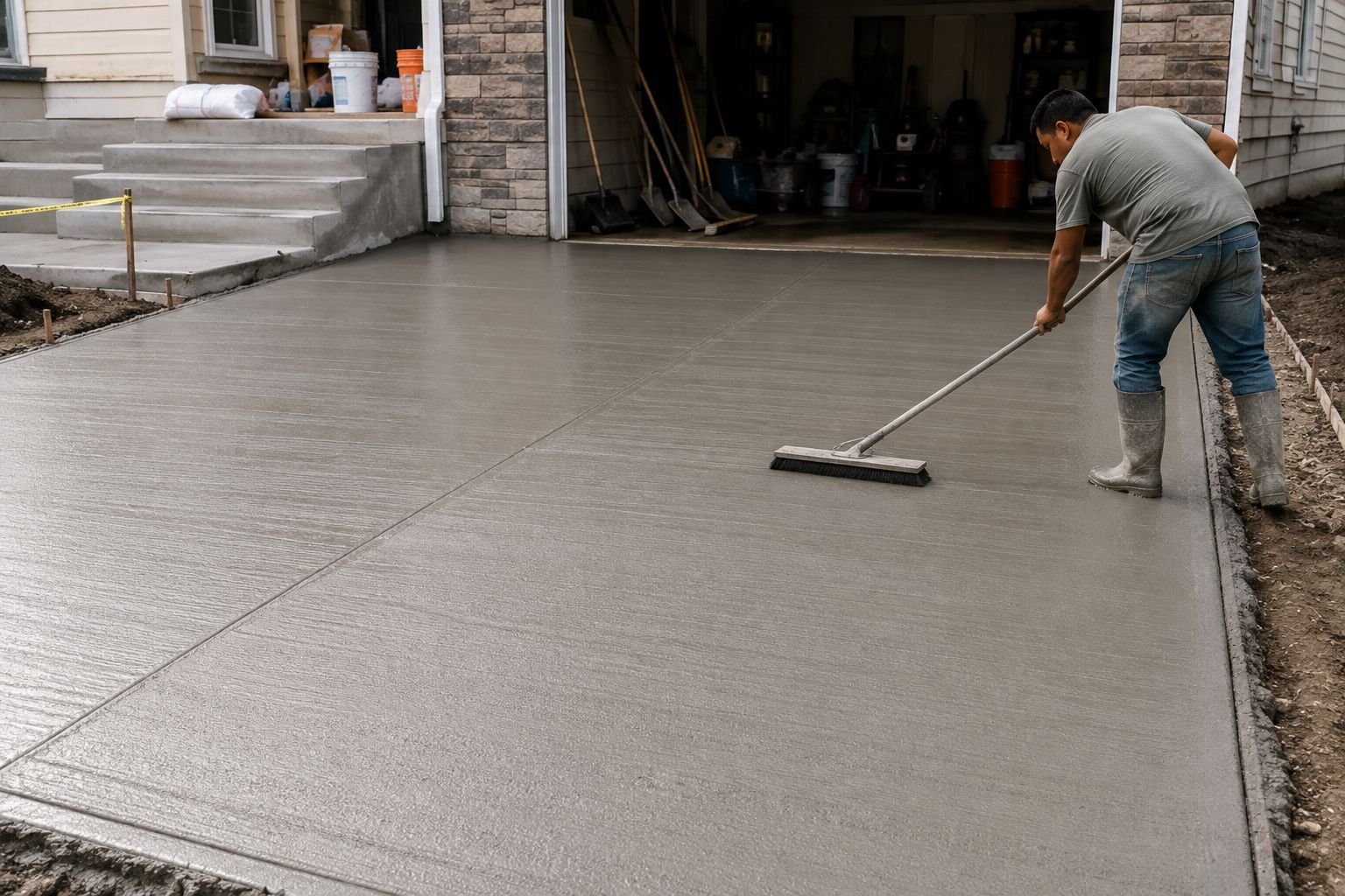 Freshly poured concrete driveway being broom finished