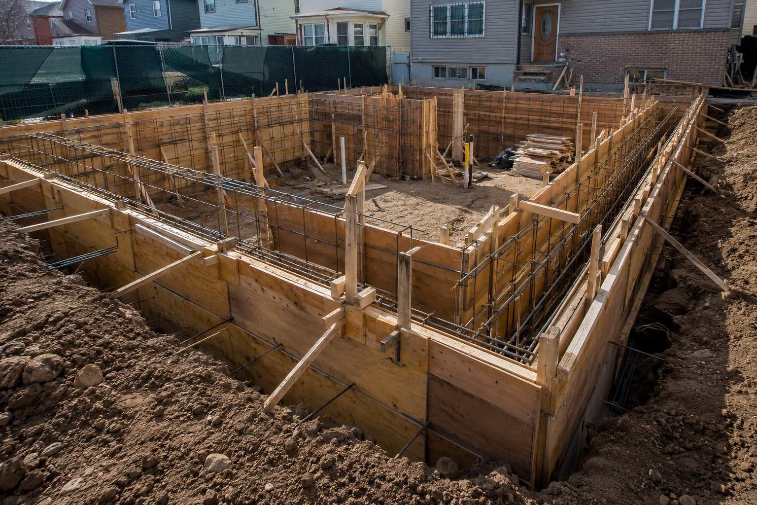 Concrete foundation wall forms and rebar before a pour