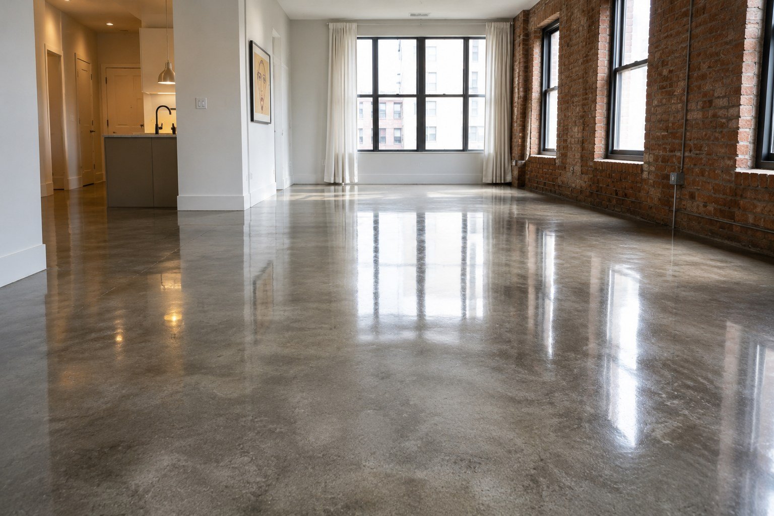 Polished concrete floor with a high gloss finish in a loft space