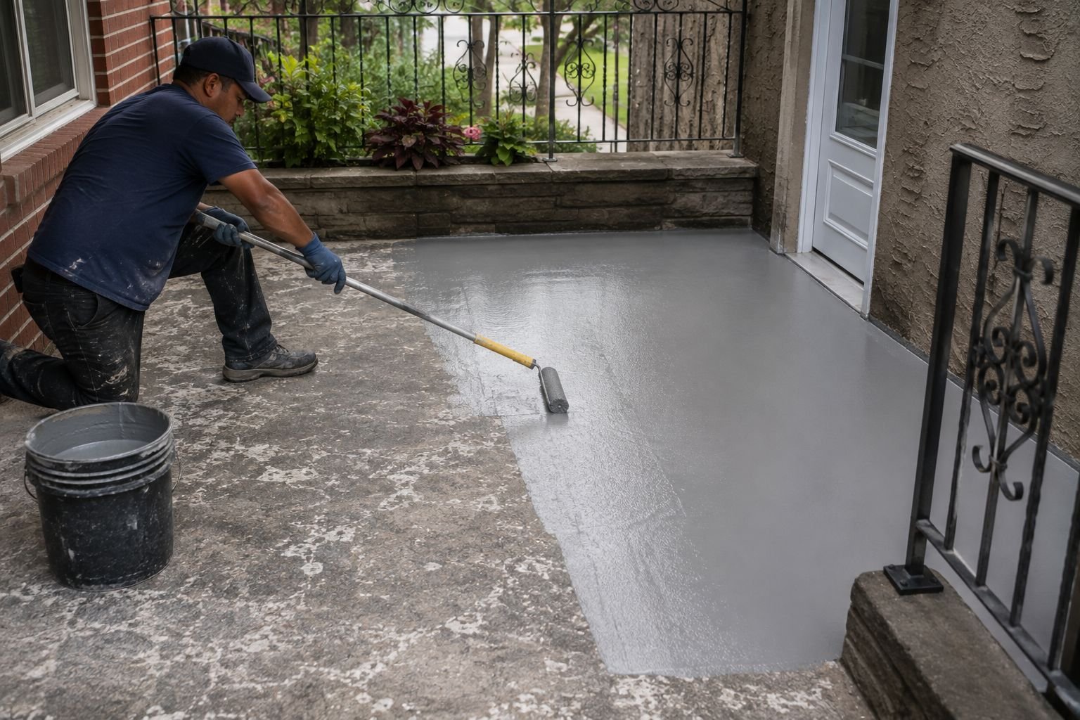 Worn concrete surface being resurfaced with a polymer overlay