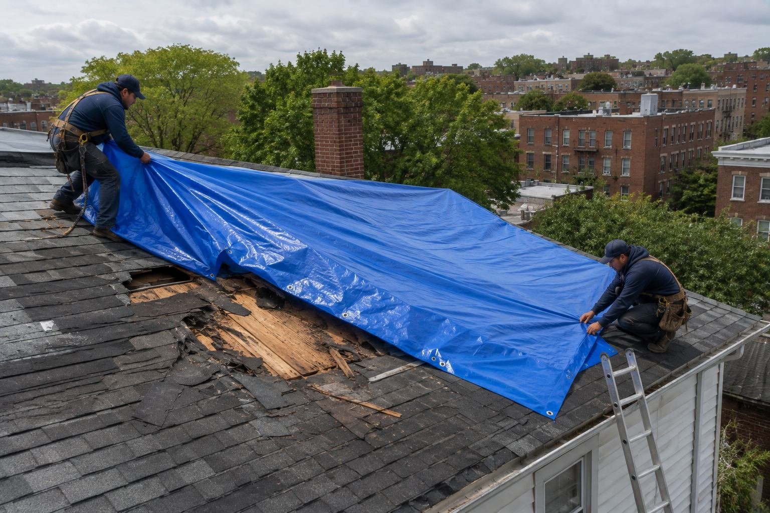 Emergency roof tarping after storm damage in New York City
