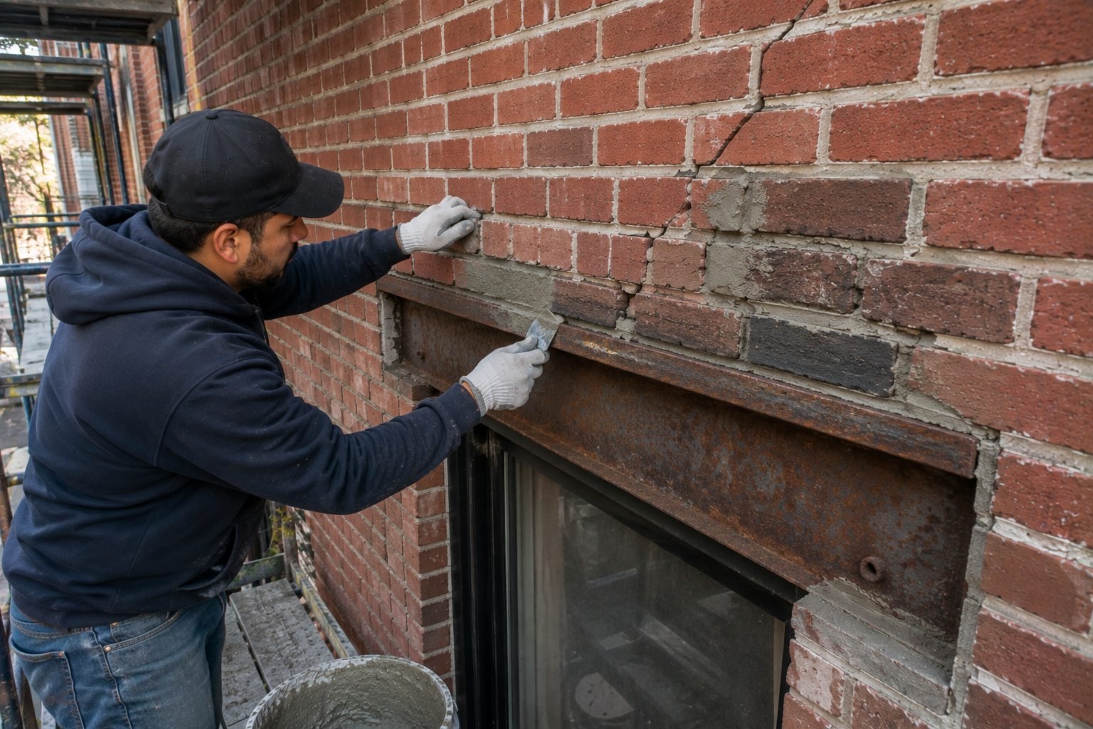 Facade repair of cracked brick and a rusted steel lintel