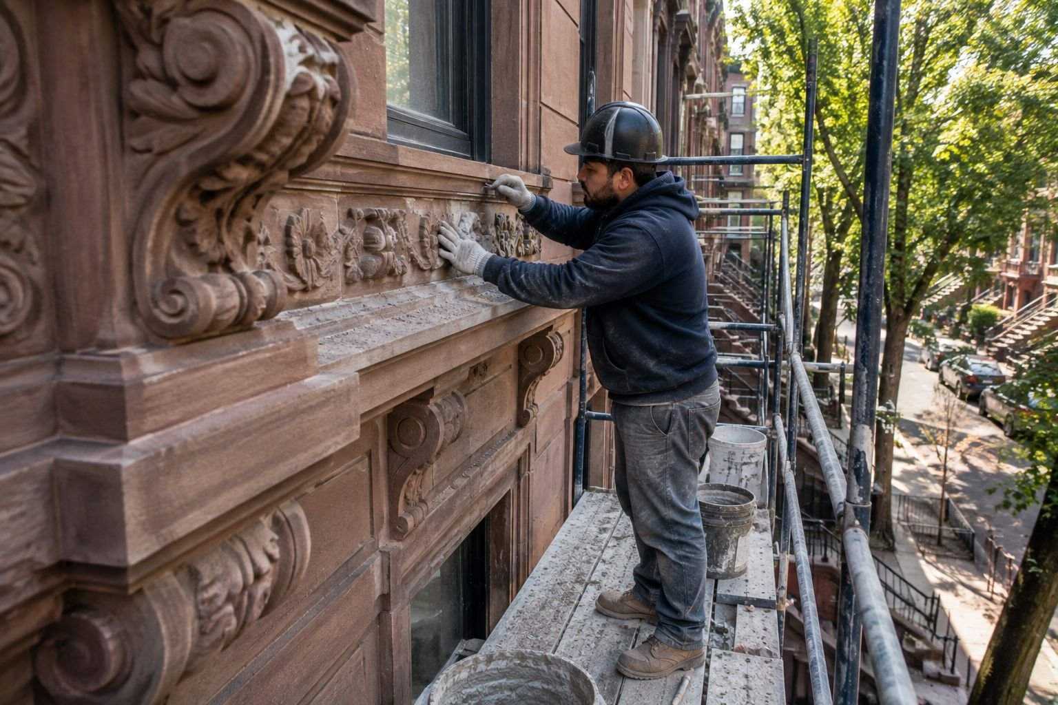 Scaffolded brownstone facade restoration in New York City