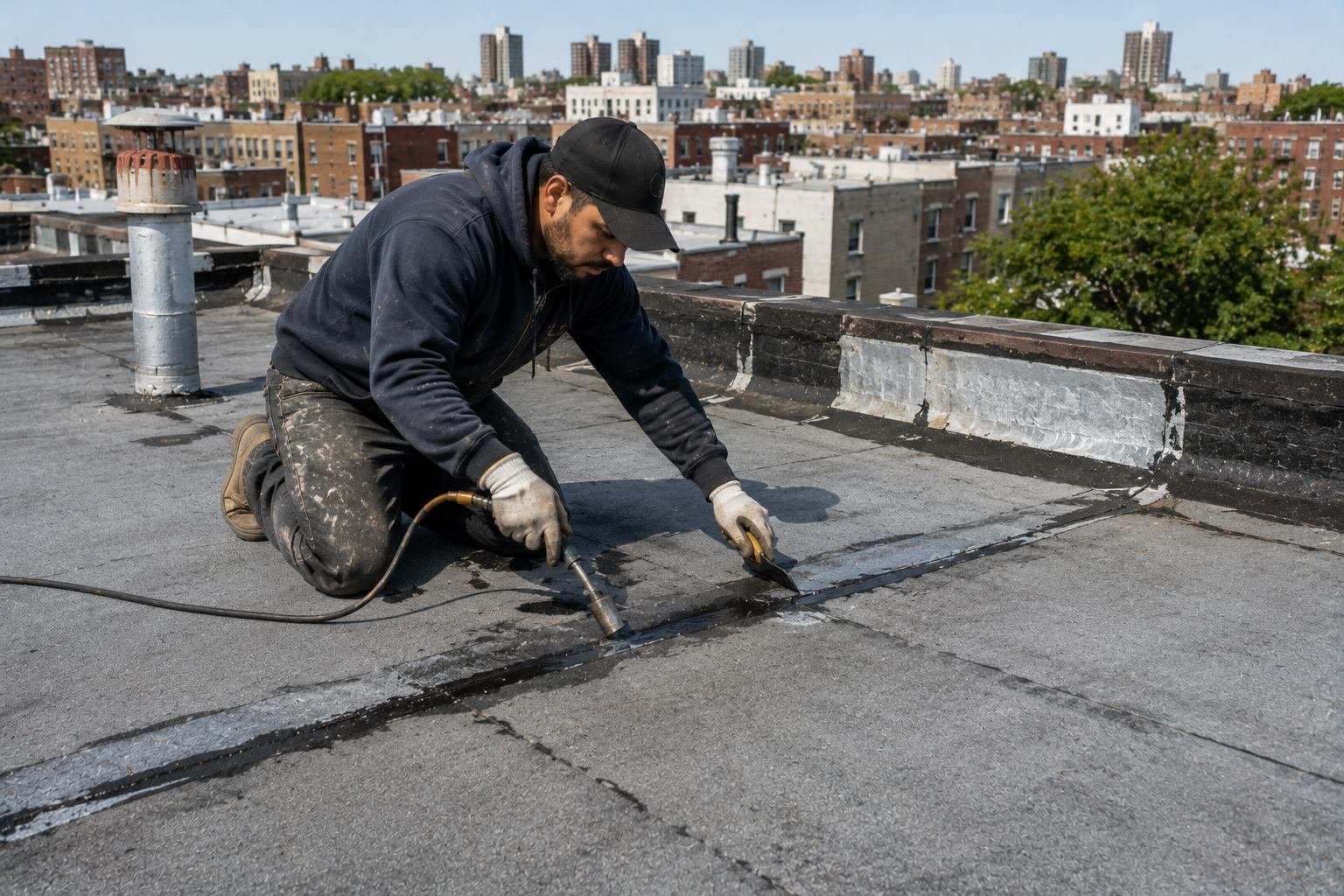 Flat roof repair sealing split seams on a Bronx low-slope roof