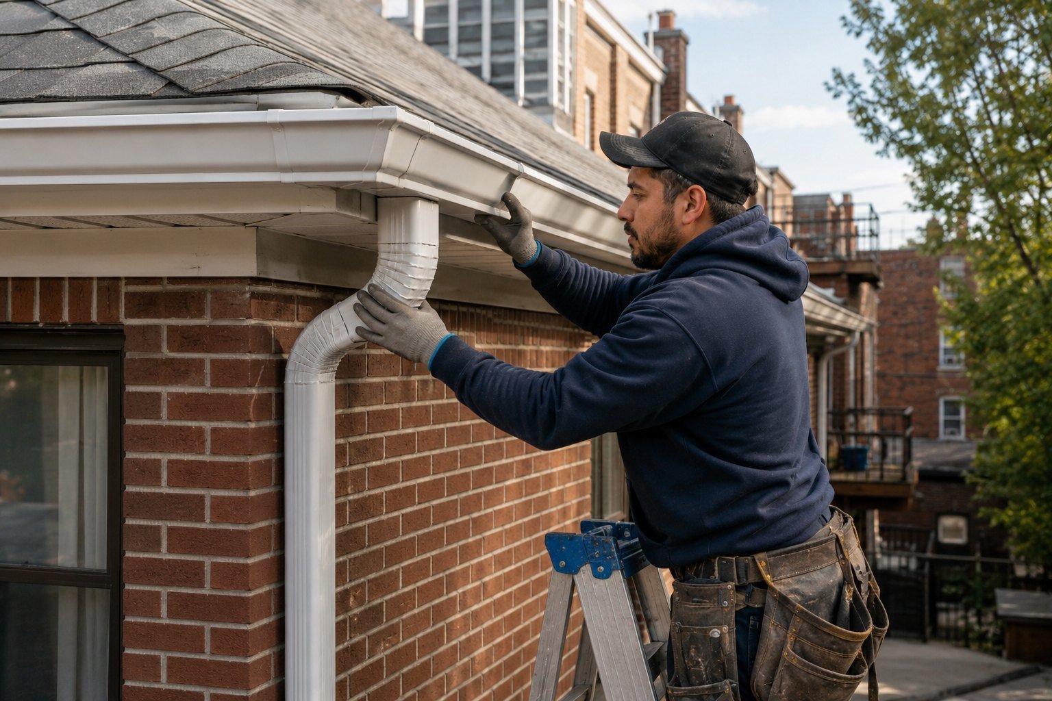 Seamless aluminum gutter and downspout installation on a Brooklyn home