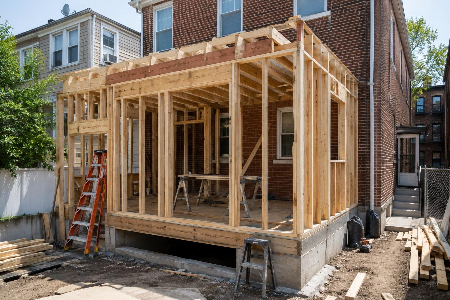 Framed rear home addition under construction on a Bronx two-family house