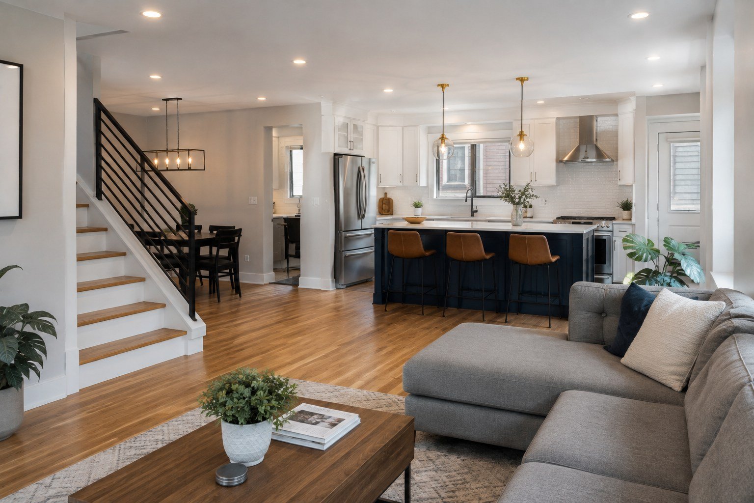 Open-plan living space after a home remodel in Queens
