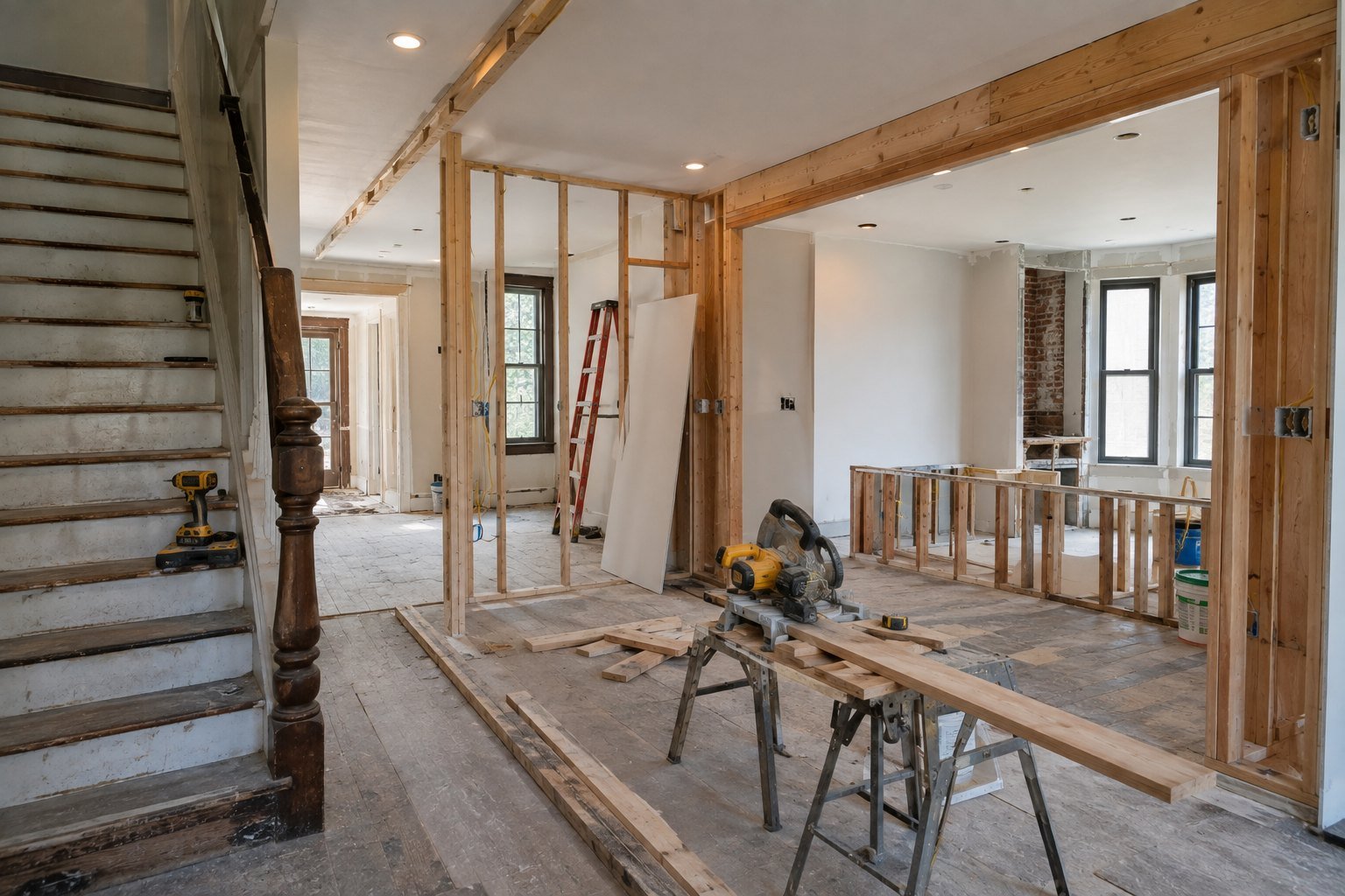 Whole-home renovation in progress with new framing and finishes in Brooklyn