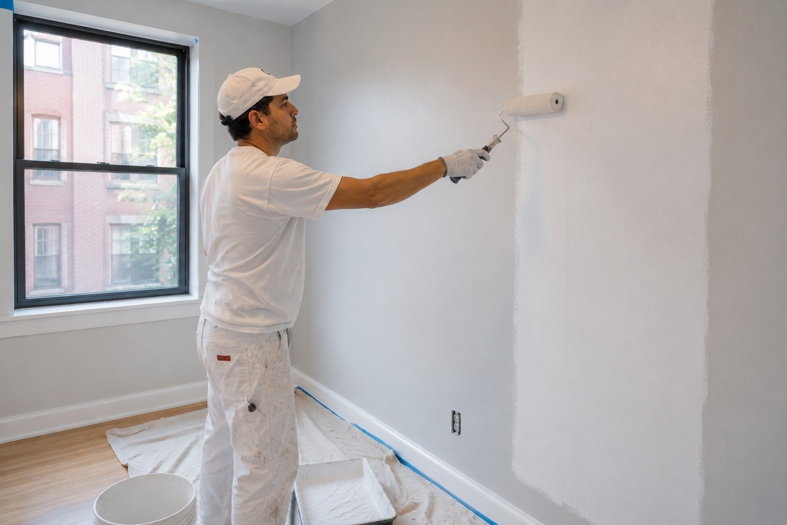 Interior painter rolling a fresh coat of paint on an apartment wall