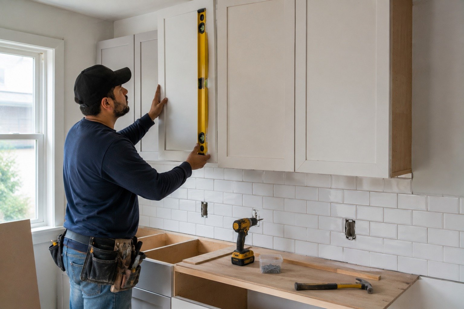 Installer setting and leveling new kitchen wall cabinets