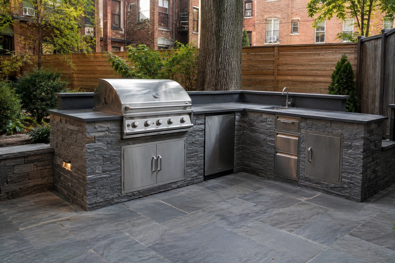 Outdoor kitchen with a masonry base and built-in grill in a NYC backyard