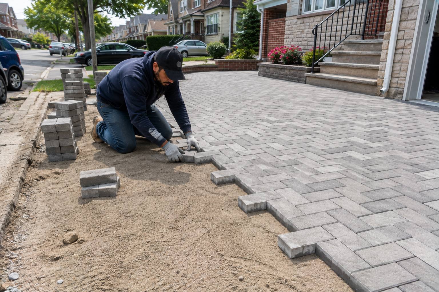 Interlocking concrete pavers being laid for a driveway in Queens
