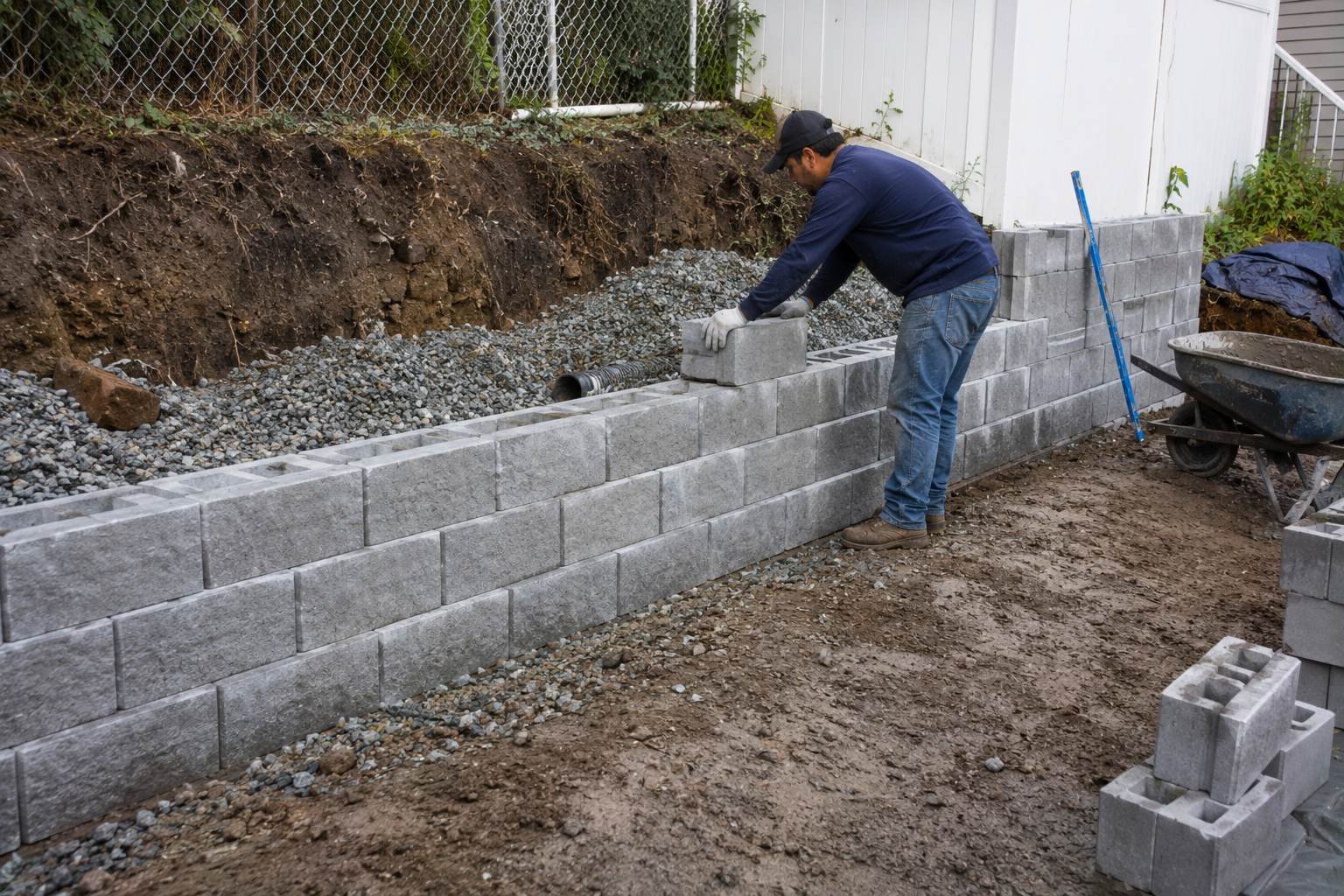 Block retaining wall under construction with drainage stone behind it