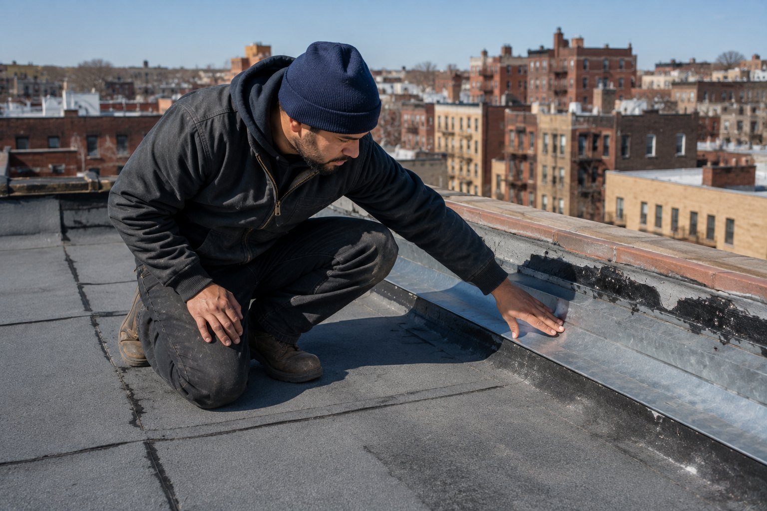 Roofing contractor inspecting flashing and seams on a flat NYC roof