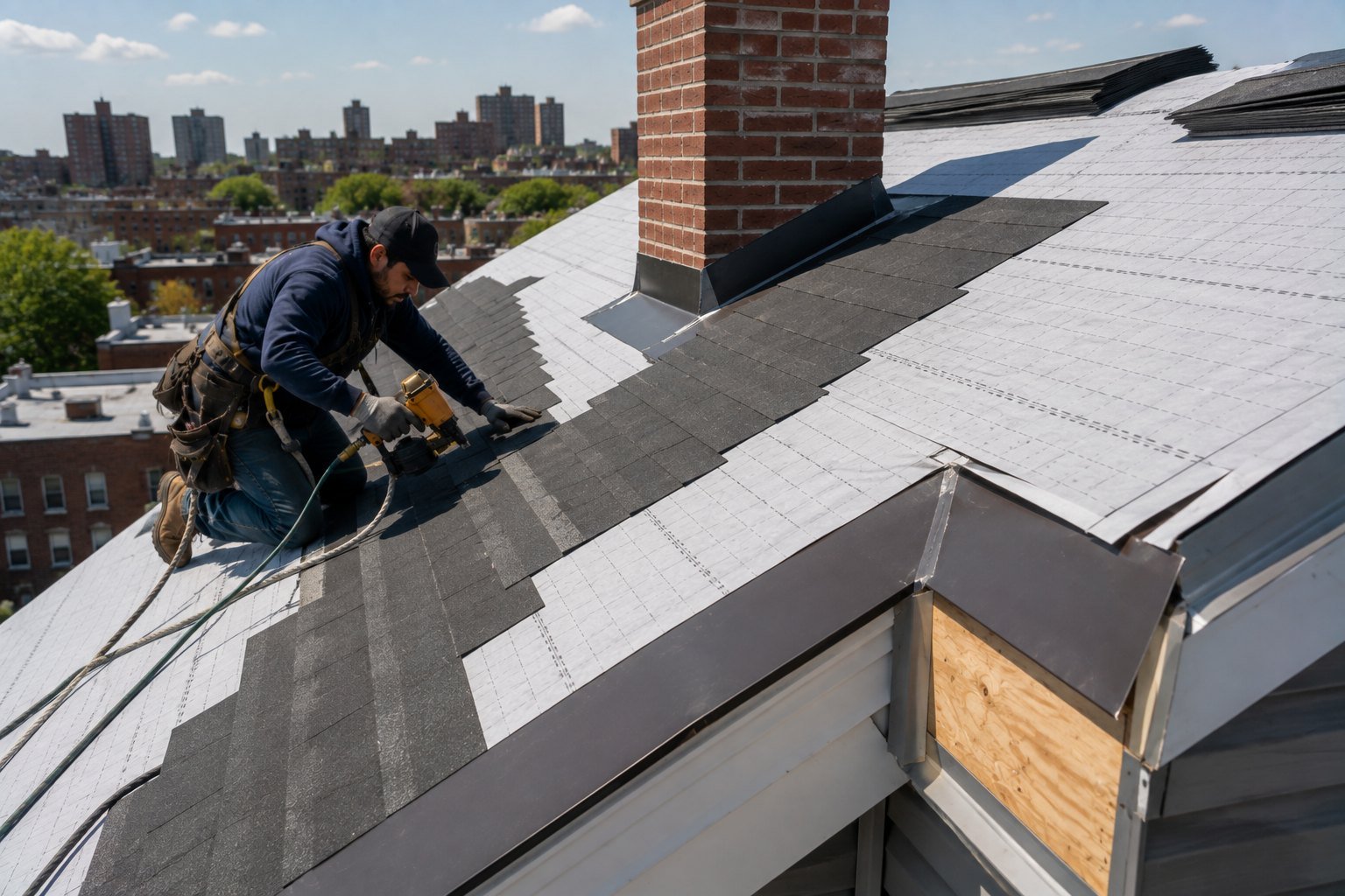 New roof installation showing underlayment and flashing details