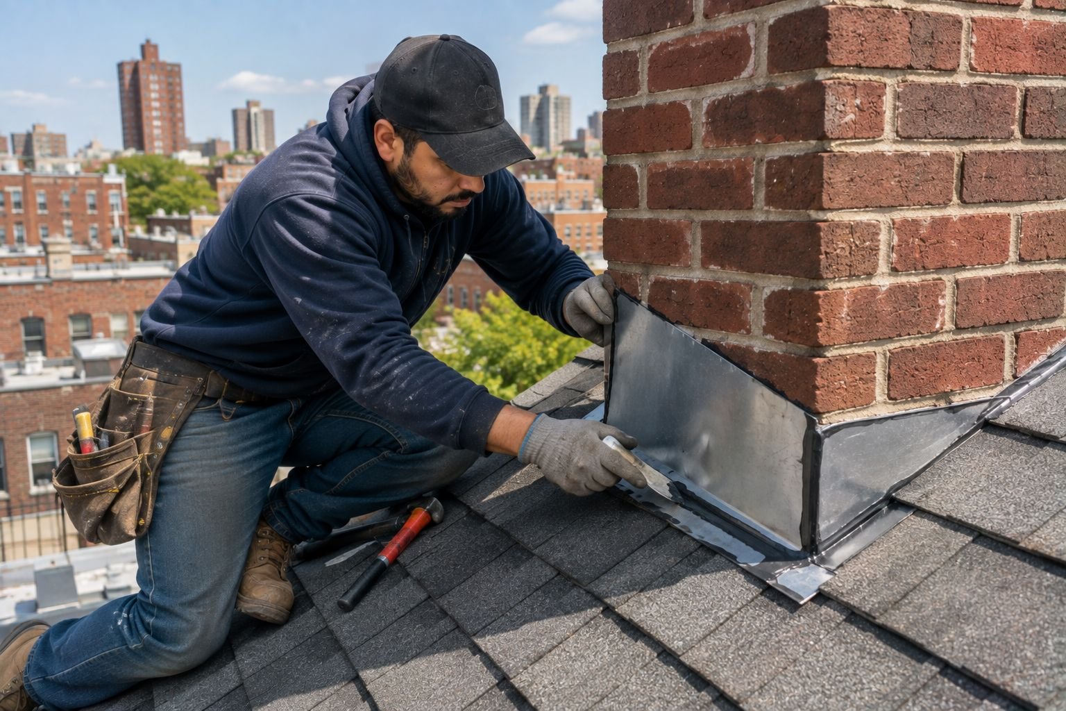 Roofer repairing chimney counterflashing on a New York City roof