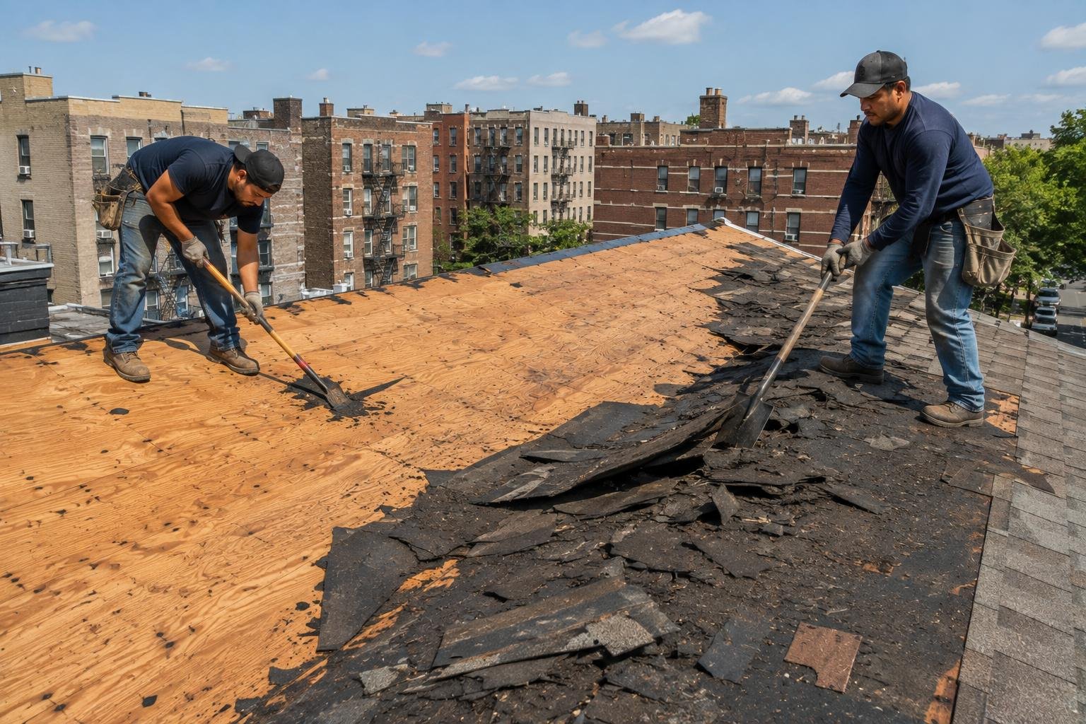 Roof replacement in progress with tear-off down to the deck