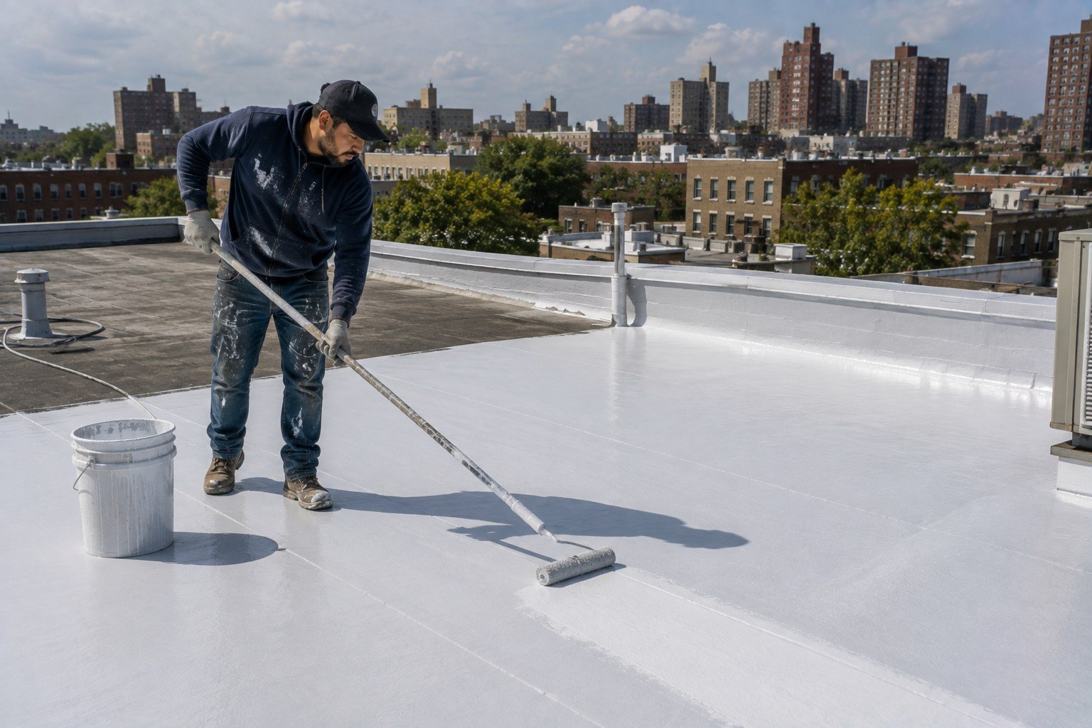 Silicone coating being applied during a roof restoration