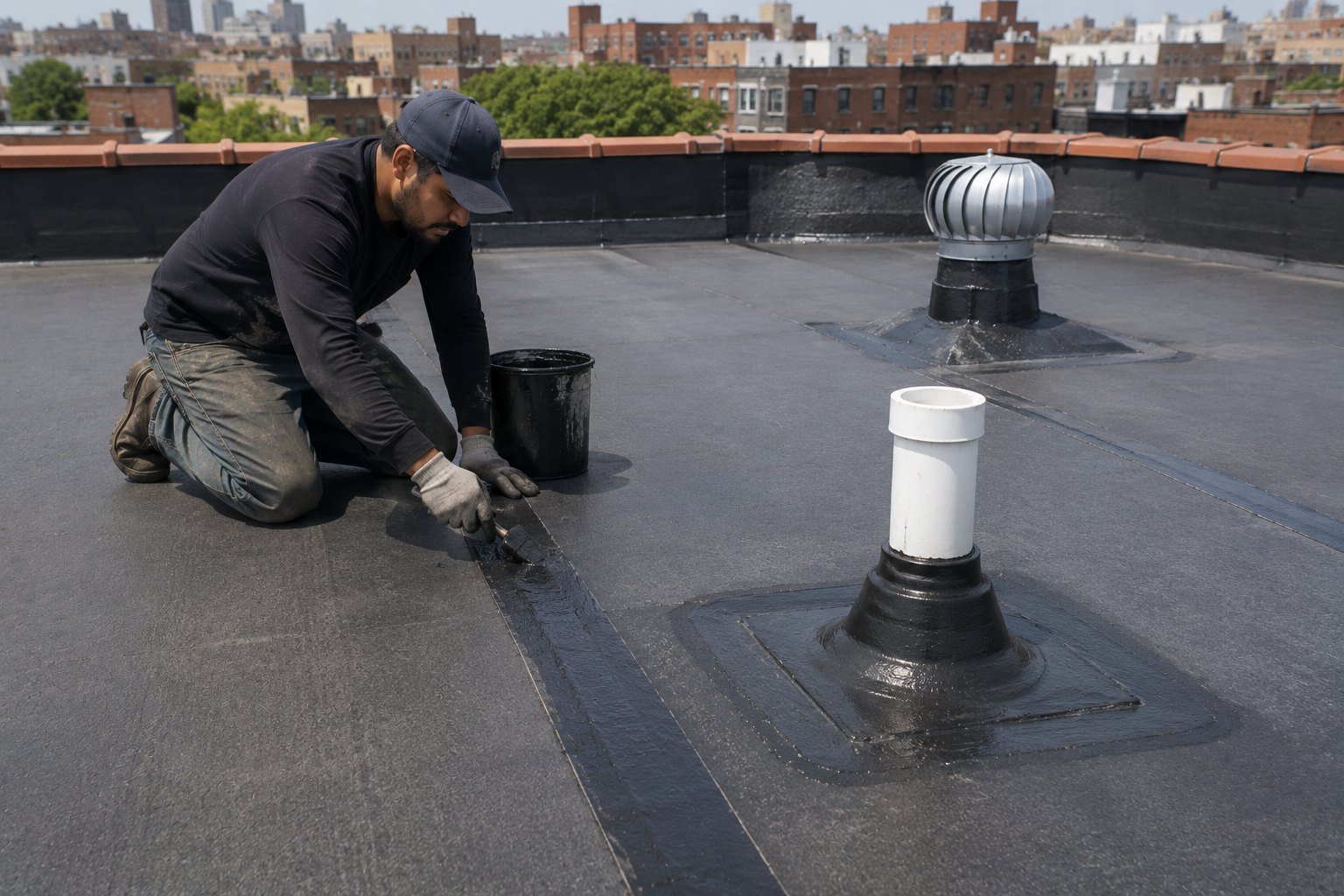 Roof seams and vent boots being sealed on an NYC rooftop