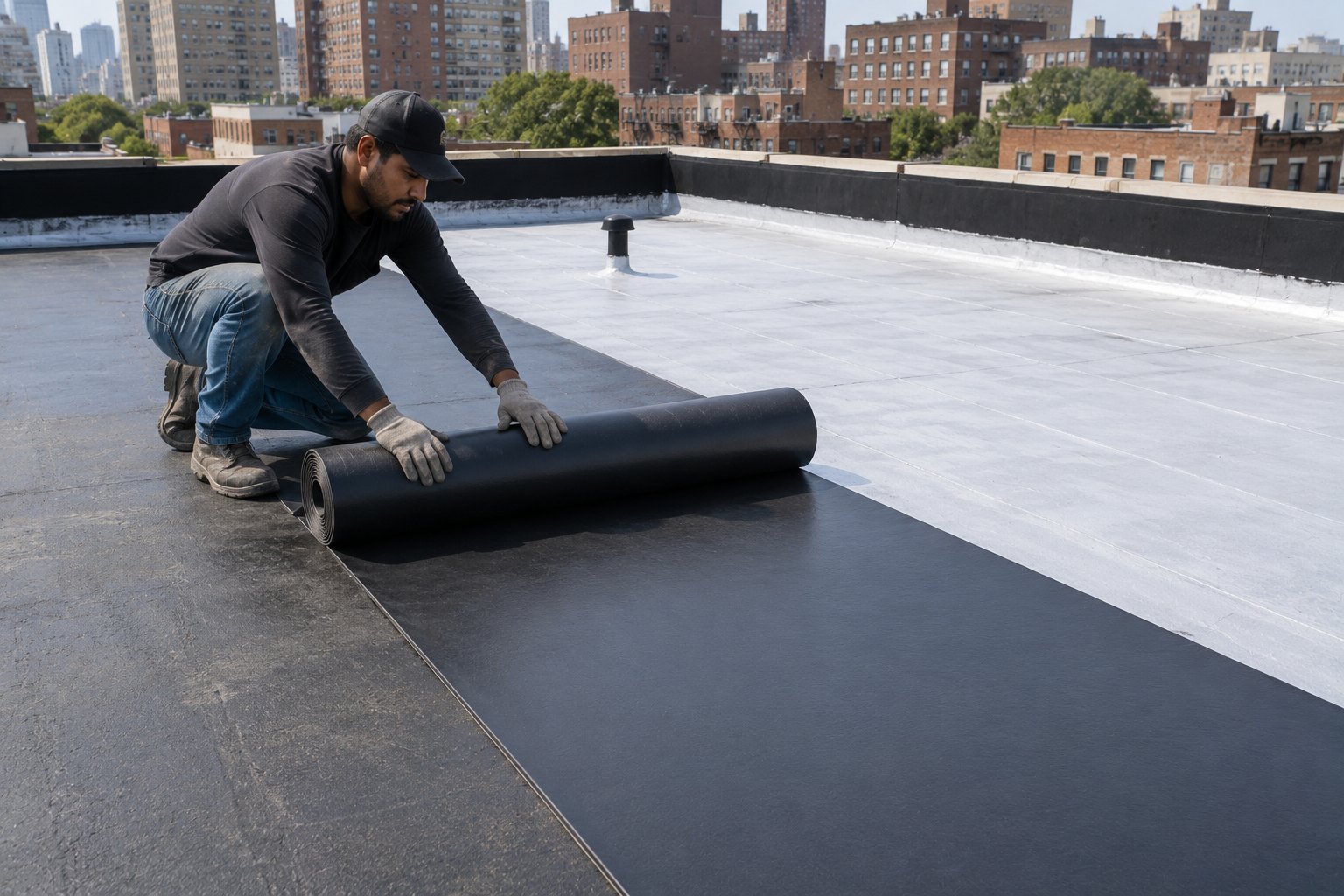 Seamless waterproofing membrane rolled onto a low-slope roof