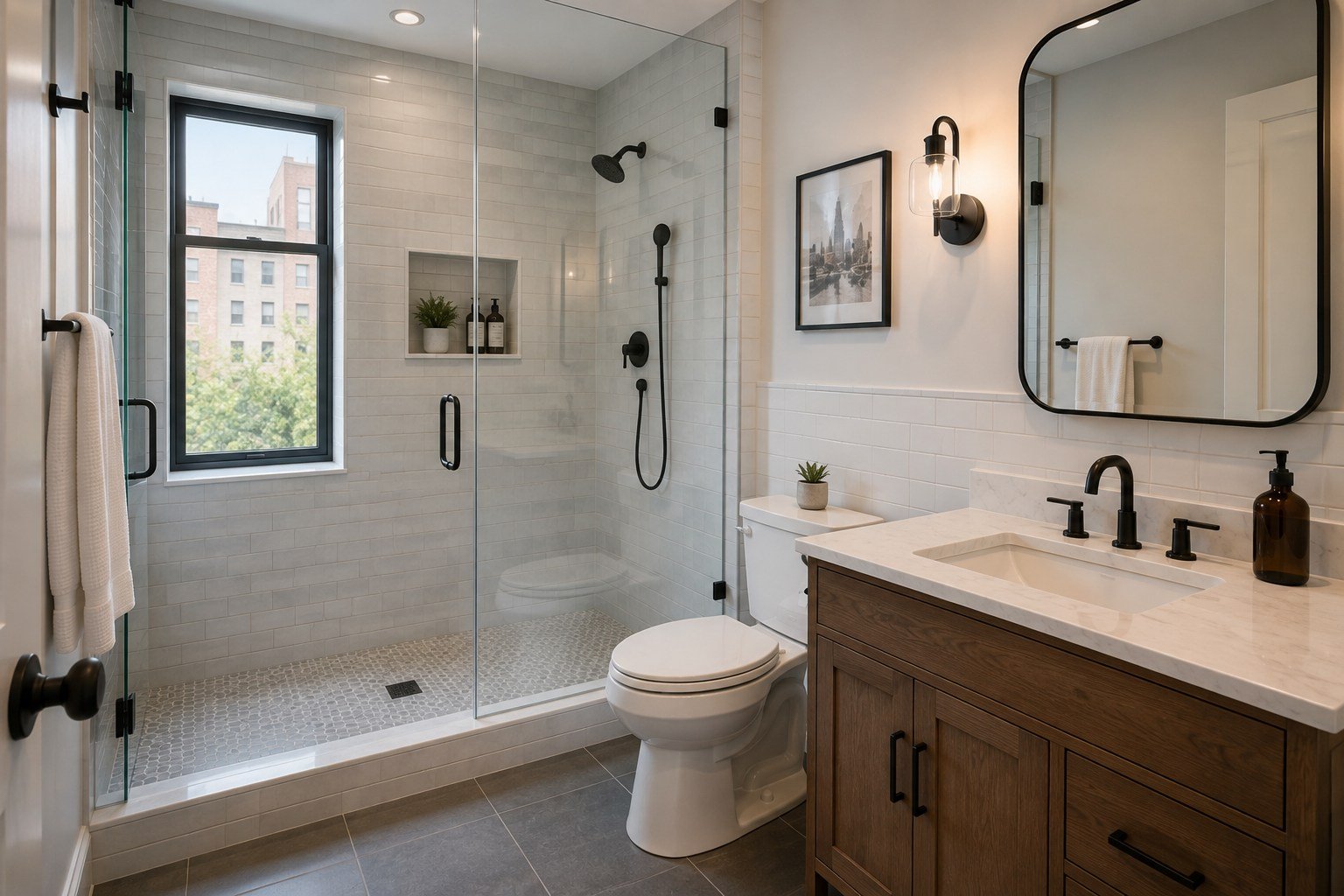 Modern remodeled bathroom with a tiled walk-in shower in NYC