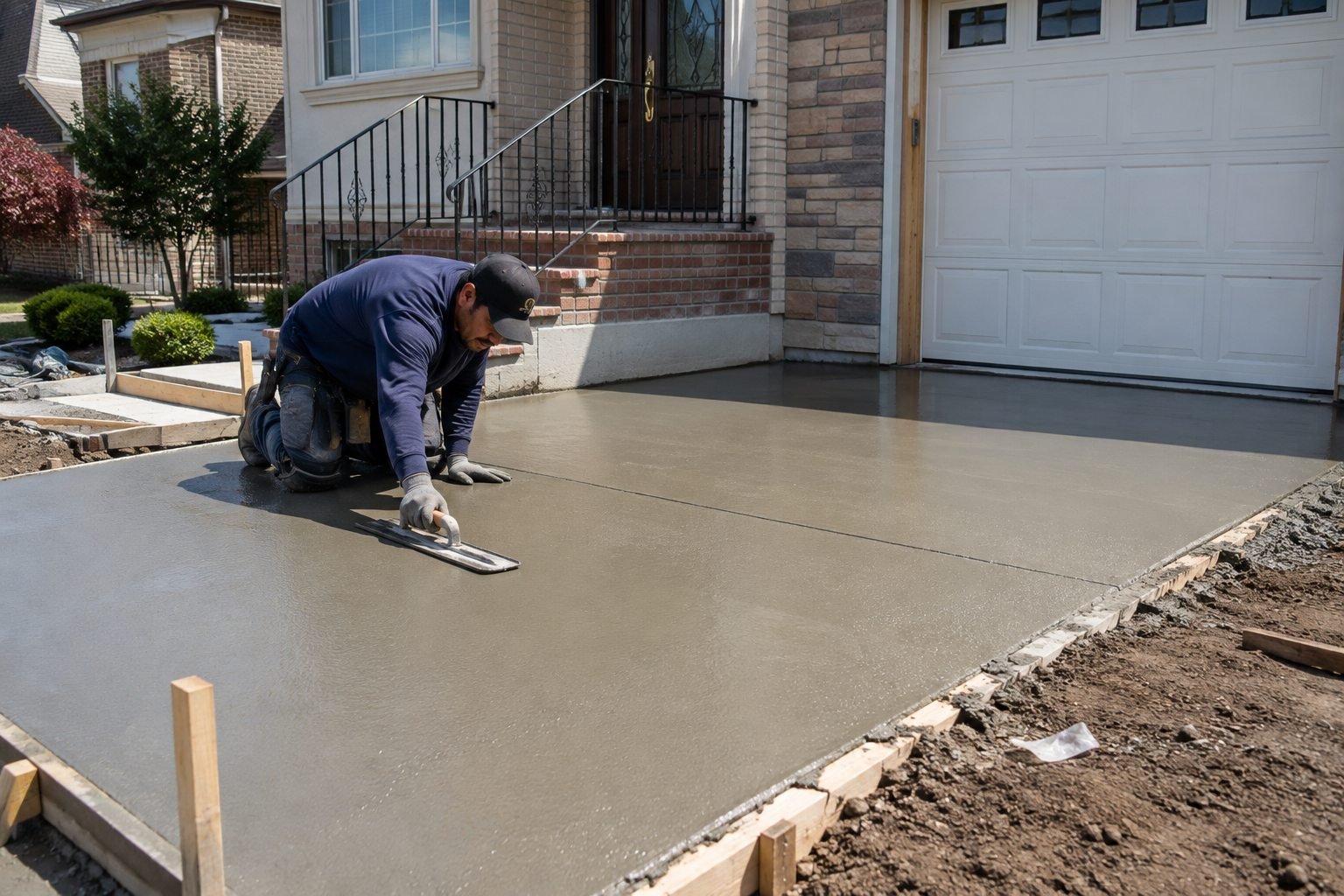 Concrete contractor finishing a freshly poured driveway slab in Queens