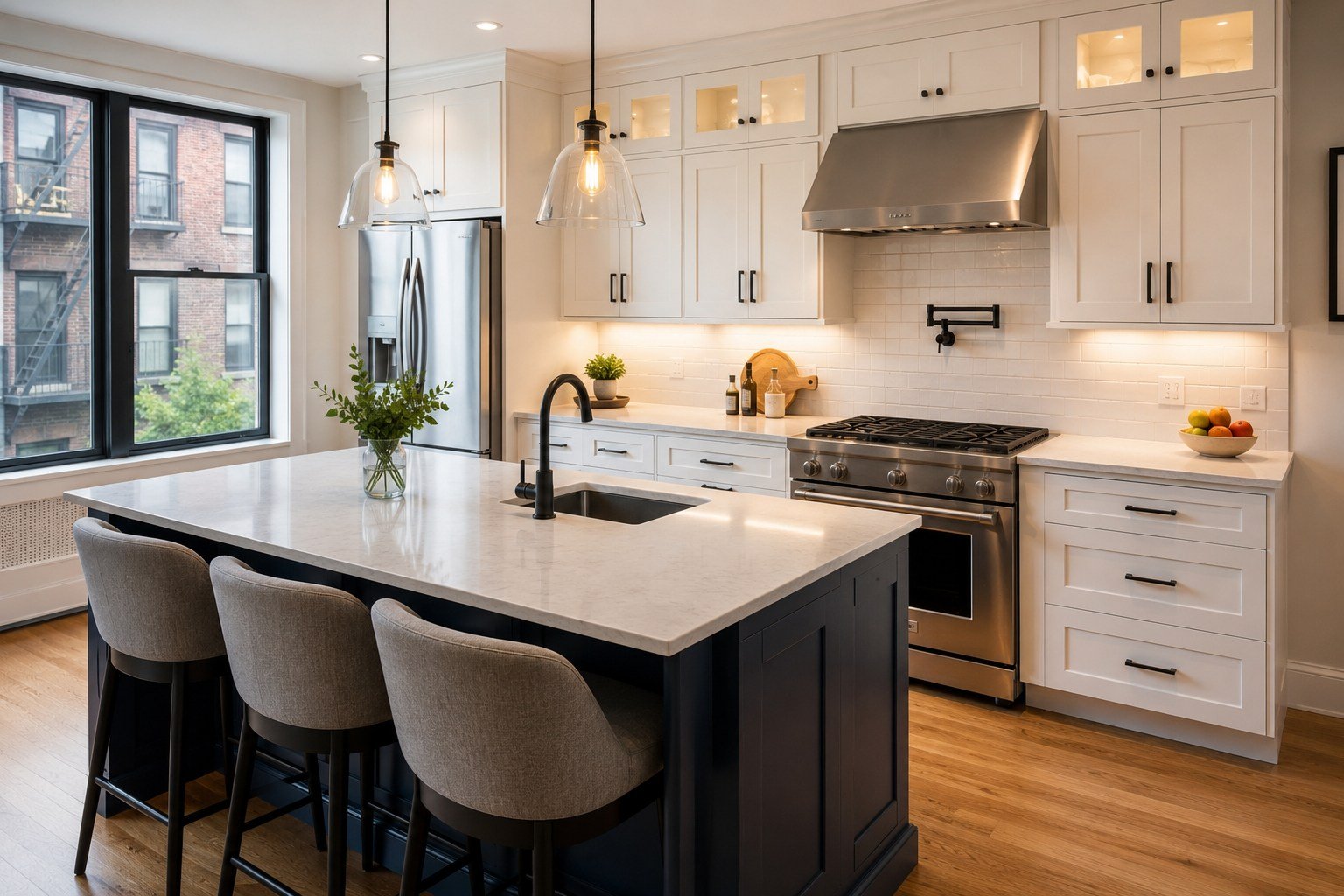 Newly remodeled kitchen with custom cabinets in a New York City home