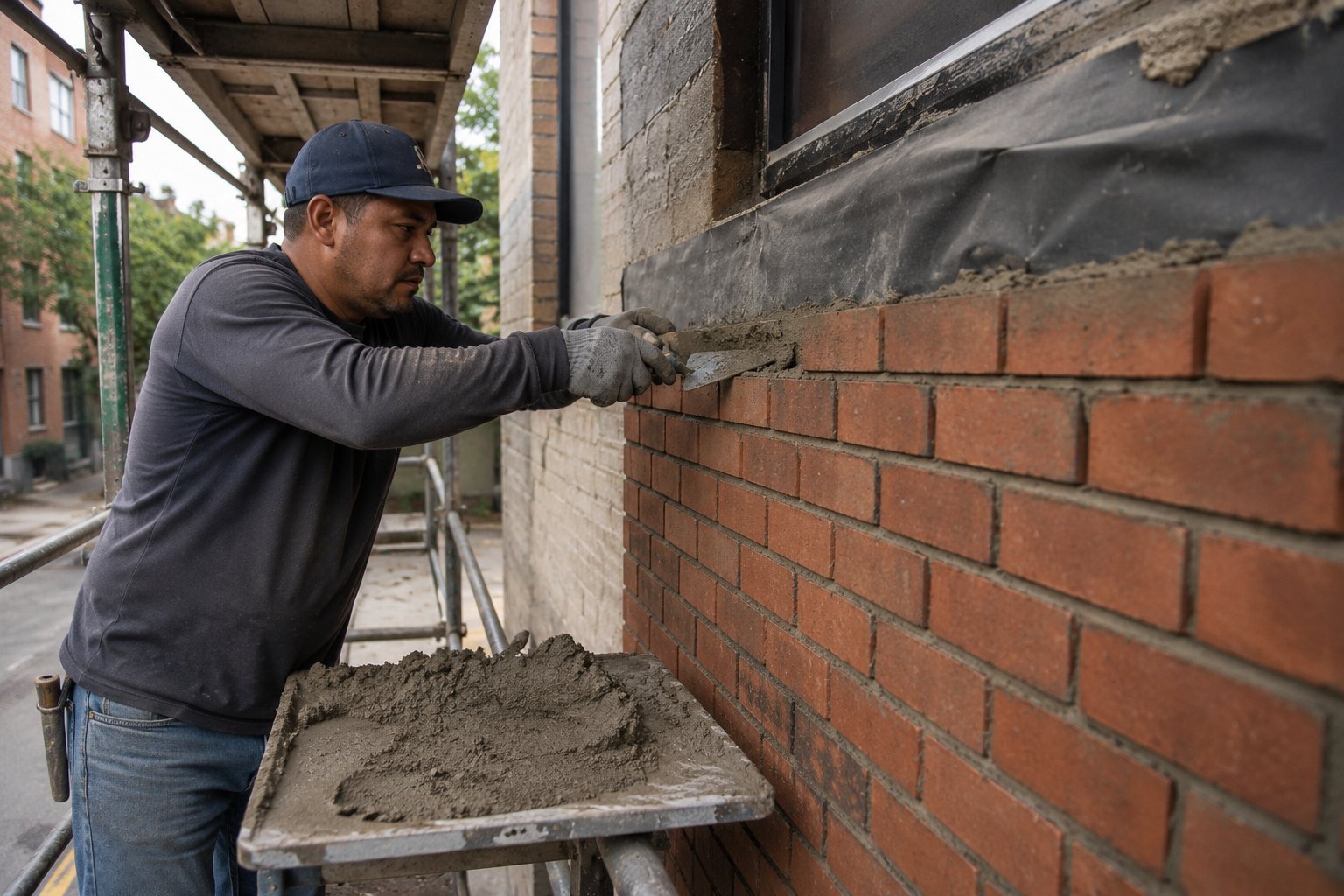 Mason laying brick on a Bronx building facade