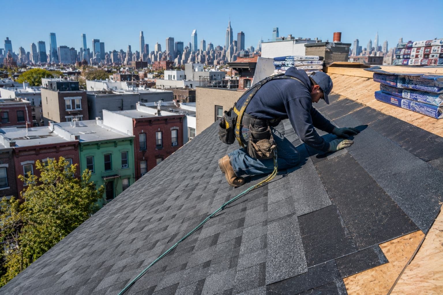Roofing contractor installing a new roof on a New York City building
