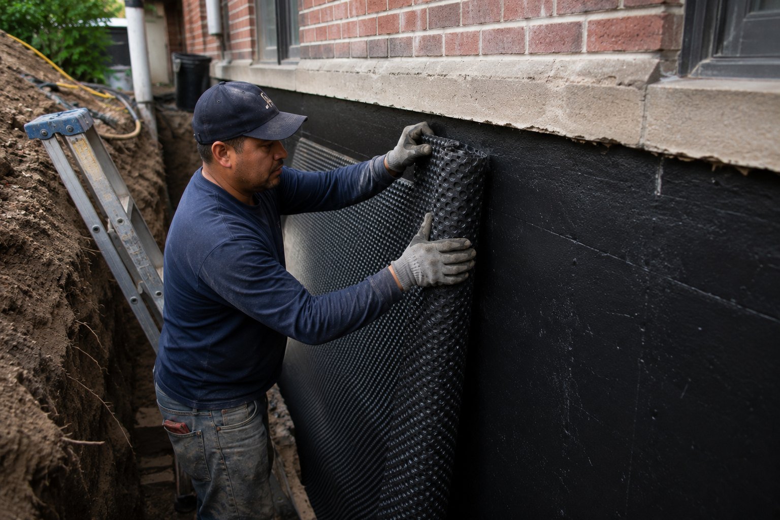 Waterproofing contractor applying membrane to a foundation wall