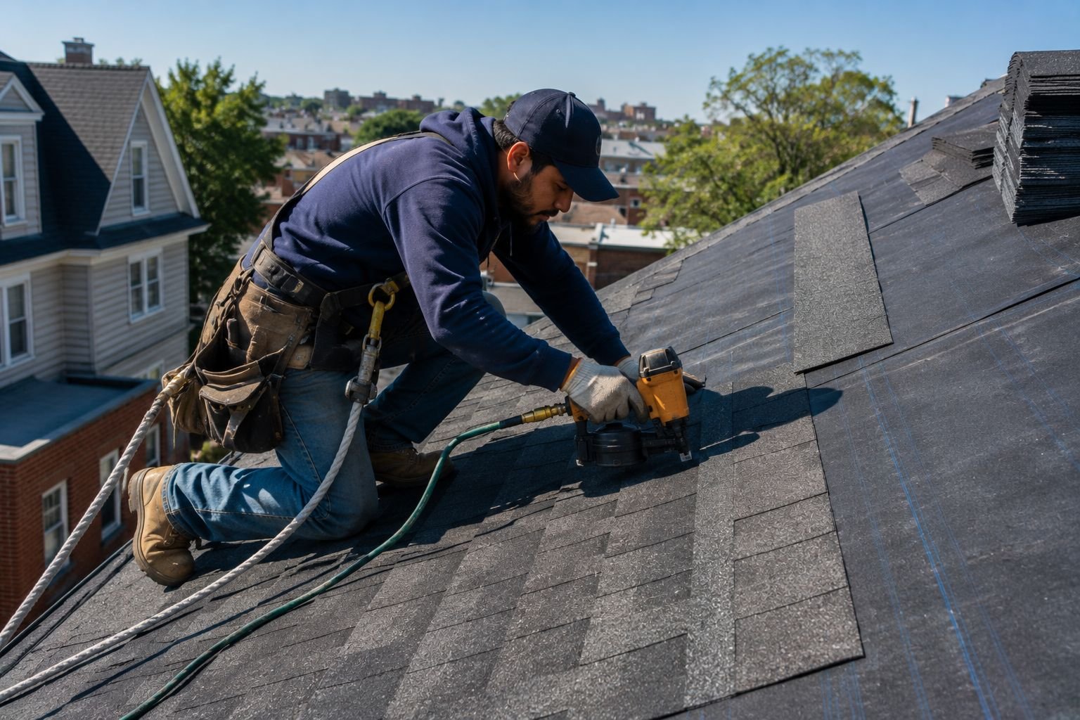Architectural asphalt shingles being installed on a pitched roof
