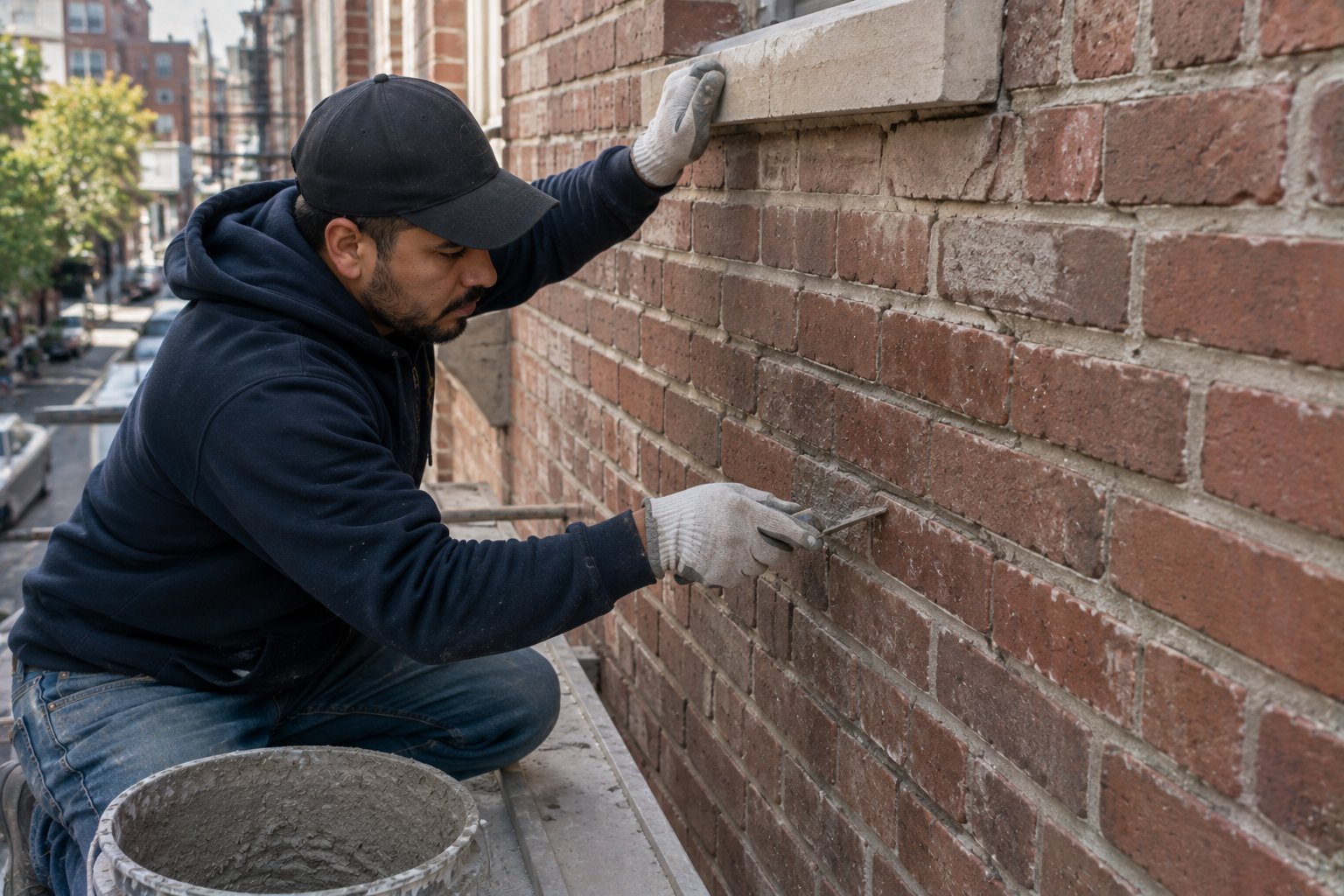 Mason repointing deteriorated mortar joints on a brick wall