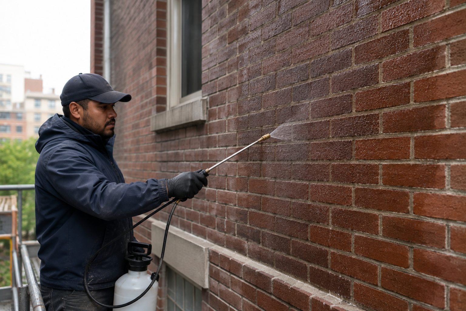 Breathable water repellent being sprayed on an exterior masonry wall