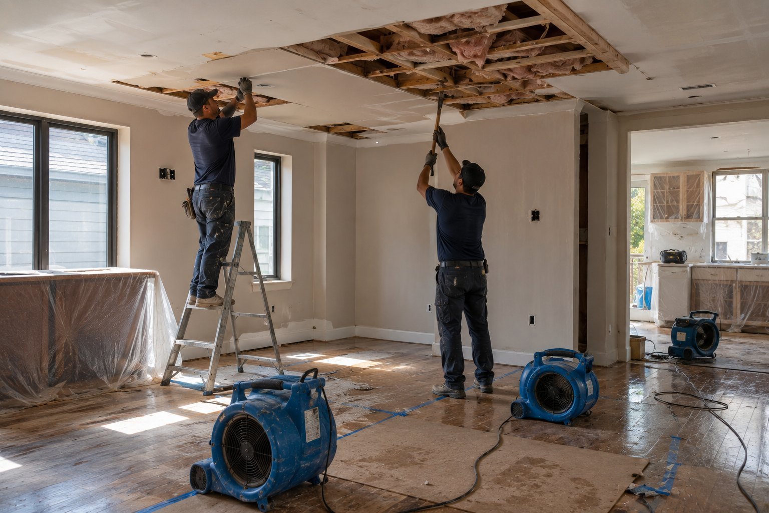 Water damage restoration crew drying and rebuilding a damaged ceiling